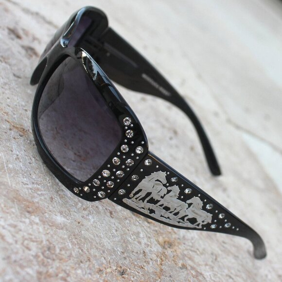 Silver Dashing Horses Sunglasses in Black w/Rhinestone Accents main image 2
